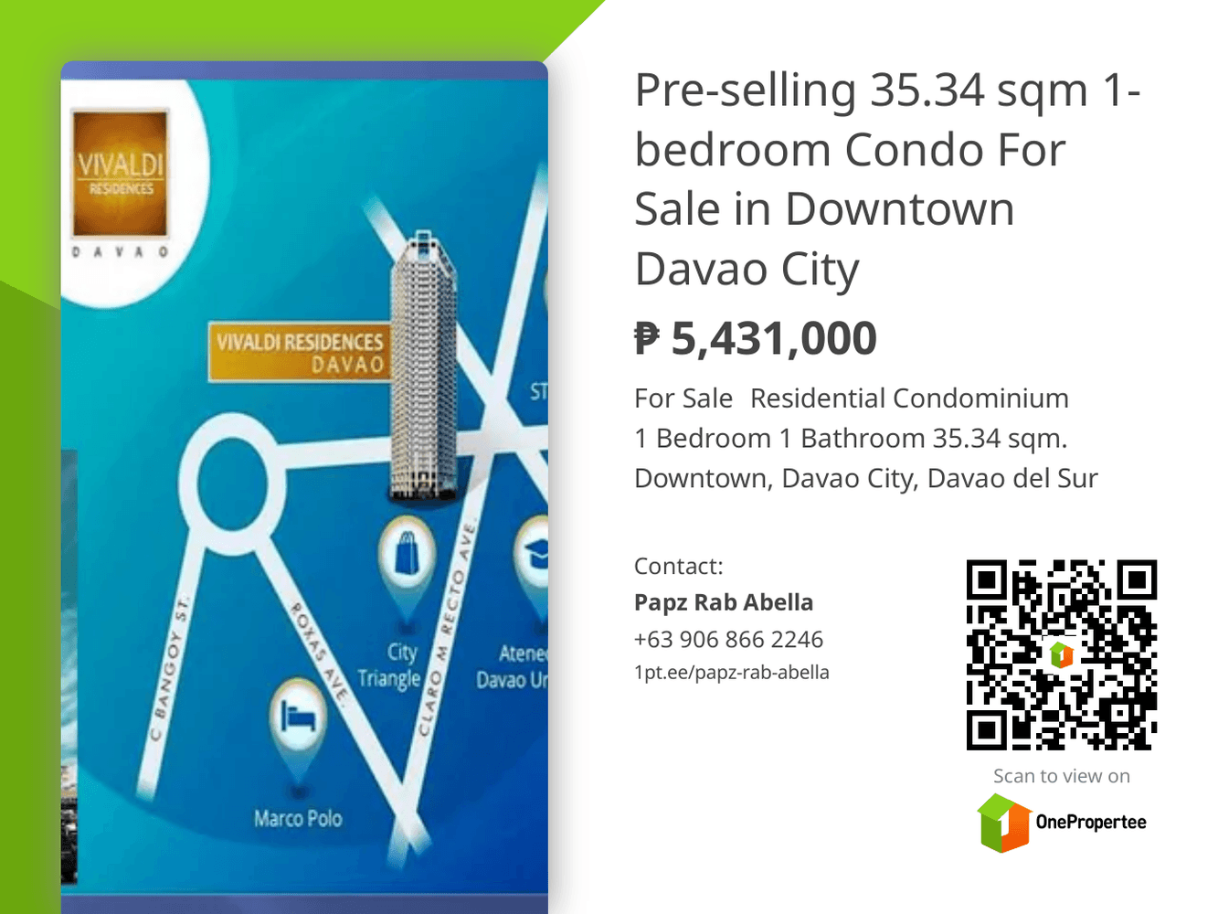 1br35.84sqm. condo unit for sale Vivaldi Residences Davao, Davao Ct