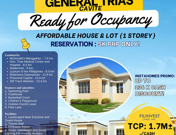 UP TO 136K CASH DISCOUNT- 5K php Reservation Fee Only- Affordable home RFO at Meridian General Trias