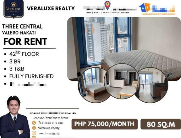 80.00 sqm 3-bedroom Residential Condo For Rent in Makati