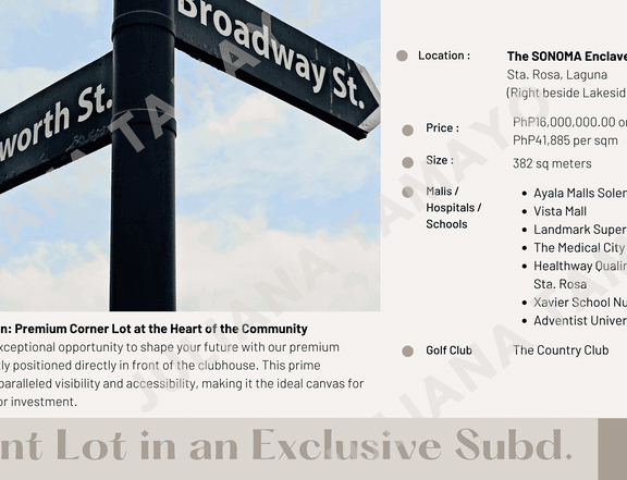 Resale: Premium Corner Lot at the SONOMA Enclave Sta. Rosa, Laguna (beside Lakeside, Nuvali)