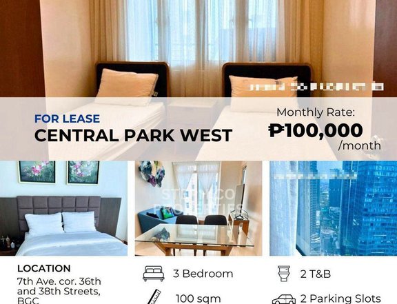 BGC Well Interiored - 3 Bedroom, Central Park West for Rent / Lease