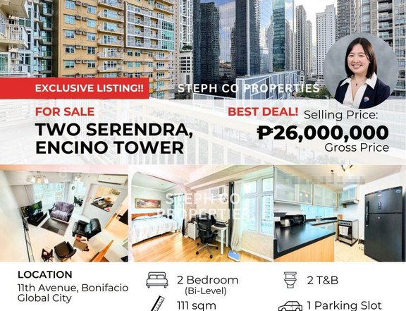 Super Good Deal! BGC Two Serendra, Semi-Furnished 2BR Bi-Level Condo, Encino, Aston, Verve, Maridien