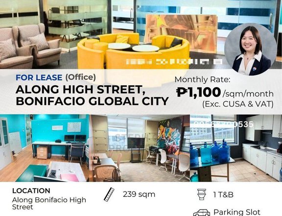 For Lease BGC Office 239 sqm Along High Street, Bonifacio Global City - Fully Furnished