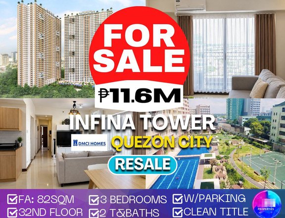 Infina Tower, FA:82sqm, 32nd floor, South Tower, 3BR, 2T&Baths, Clean Title, For Sale in Quezon City