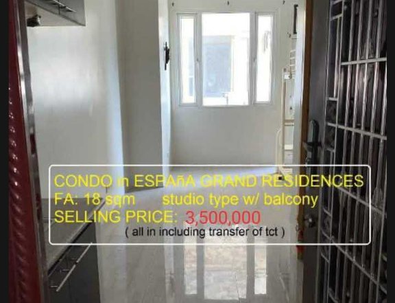 CONDOMINIUM FOR SALE Espana Grand Residences  FA: 18 sqm Studio type with Balcony 3,500,000