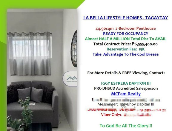 FOR SALE RFO 44.90sqm 2-BEDROOM PH LA BELLA LIFESTYLE HOMES TAGAYTAY