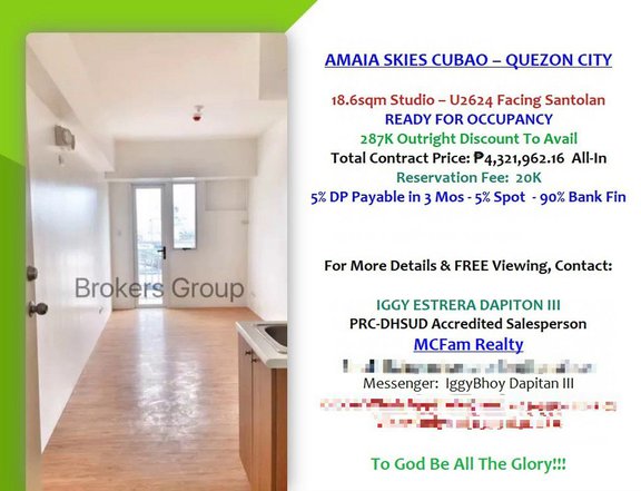 FOR SALE RFO 18.6sqmSTUDIO AMAIA SKIES CUBAO-QUEZON CITY 20 TO RESERVE