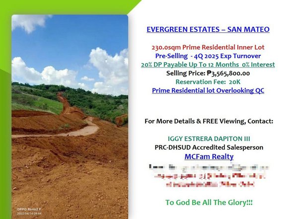 PRE-SELLING 230.0sqm PRIME RESD'L LOT OVERLOOKING QC EVERGREEN ESTATES