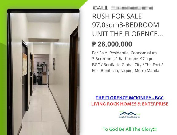 CALL 09454482194: RUSH FOR SALE 97.0sqm3-BEDROOM UNIT THE FLORENCE BGC