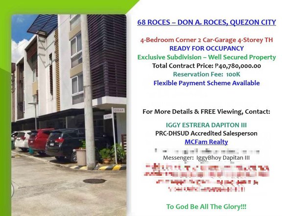 RFO 4-Bedroom 2-Car Garage 4-Storey Townhouse Quezon City 2.01M Disc
