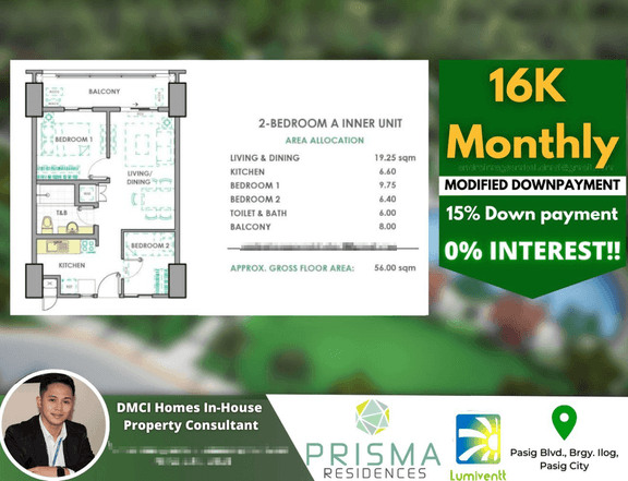 2 BR in Prisma Residences in Pasig City by DMCI Homes