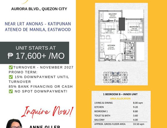 17k/mo 1BR Condo in Quezon City near NCBA,LRT2 Katipunan, Ateneo