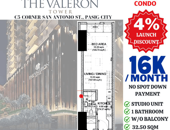 32.50 sqm Studio Condo For Sale in Pasig Metro Manila - Valeron Tower