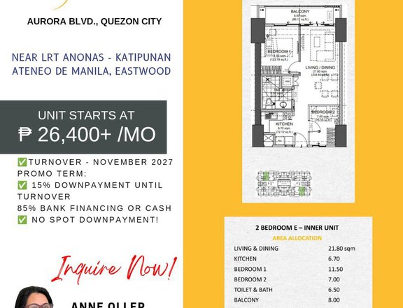 26k/mo 2BR 61sqm Condo in Quezon City near NCBA,LRT2 Katipunan,Ateneo