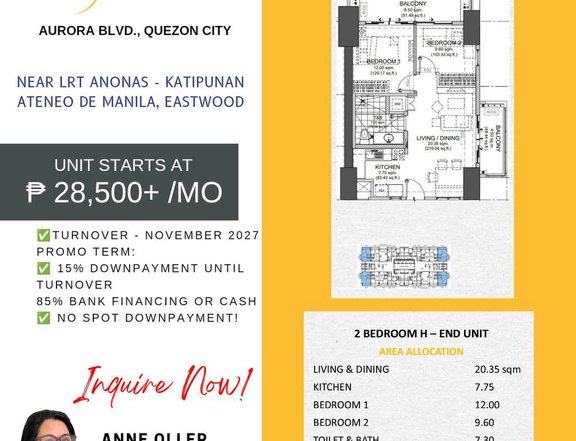 28k/mo 2BR 70sqm Condo in Quezon City near NCBA,LRT2 Katipunan, Ateneo