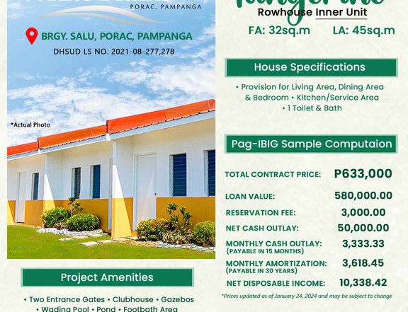 1-bedroom Rowhouse For Sale in Porac Pampanga