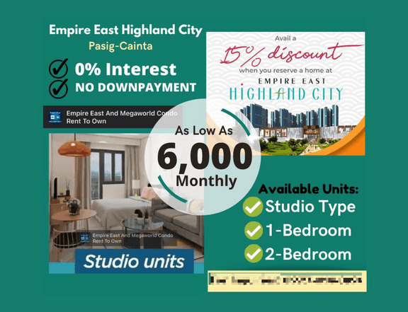 6,000 Monthly Studio,1 Bedroom,2 Bedroom 15% Discount Pasig-Cainta