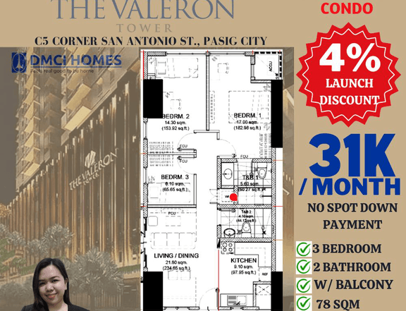 78.00 sqm 3-bedroom Condo For Sale in Pasig City Near BGC