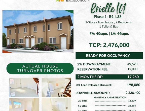 2-bedroom Brielle Townhouse For Sale in Camella Bacolod South