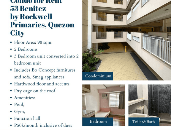 For Rent: 2 Bedroom 53 Benitez by Rockwell Primaries, Quezon City