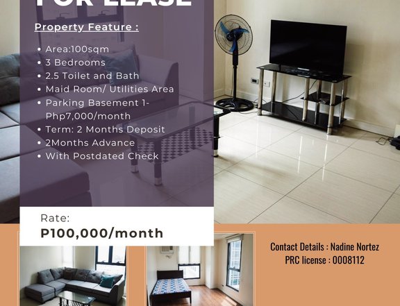 100.00 sqm 3-bedroom Condo For Rent in Ortigas Pasig Metro Manila