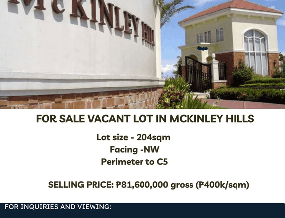 FOR SALE VACANT LOT IN MCKINLEY HILL