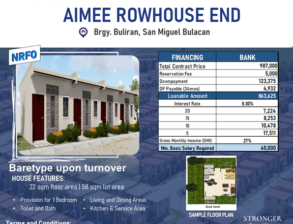 Pre- selling 1-bedroom Rowhouse for Sale in San Miguel Bulacan