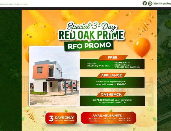 Special 3-Day Red Oak Prime RFO Promo for Dream Homes