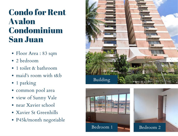 2 Bedroom Condo for Rent  Avalon Condominium  San Juan