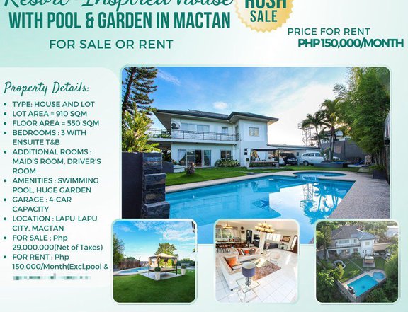For Rent Spacious 3 Bedrooms Lovely House with Pool and Big Garden Lapulapu City