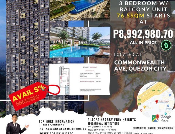 76.50 sqm 3-bedroom Condo For Sale in Commonwealth Quezon City / QC