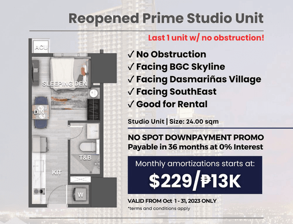 Prime Studio Unit in Makati w/ No Obstruction
