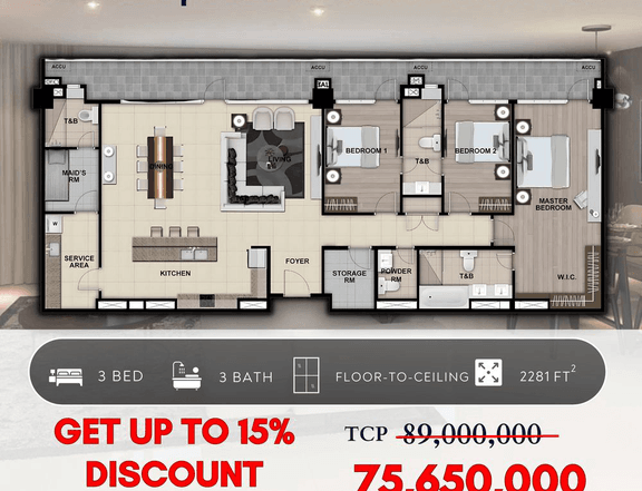 212.00 sqm 3-bedroom Penthouse Condo For Sale in BGC / Bonifacio Global City