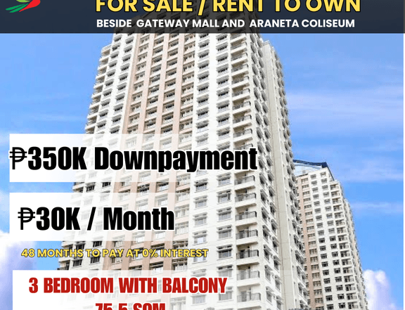 3 BR. 75.5 sqm. Manhattan Parkview | For sale/Rent to Own Condo in Araneta City beside Gateway Mall