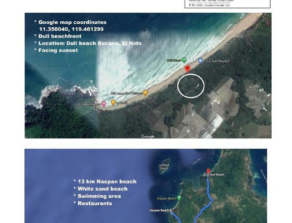 Duli Beach, El nido, Palawan Lot Area: 2 hectares / Titled property