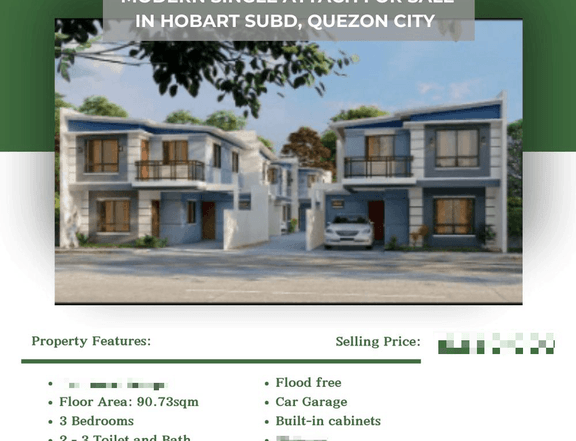 Pre- Selling SINGLE ATTACHED UNIT FOR SALE in the heart of Hobart Subdivision, Quezon City!