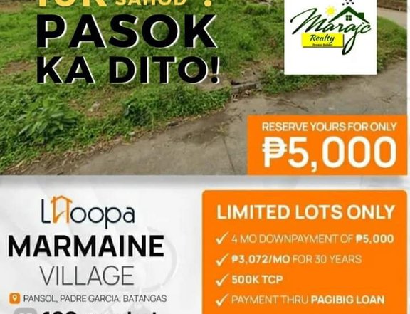 Lot for sale under pag ibig financing with TCP of 500k, 120 sqm.lot