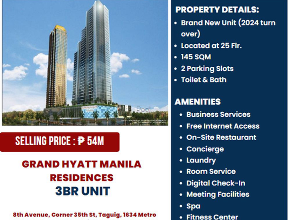3BR penthouse in Grand Hyatt Manila with 2 parking spaces