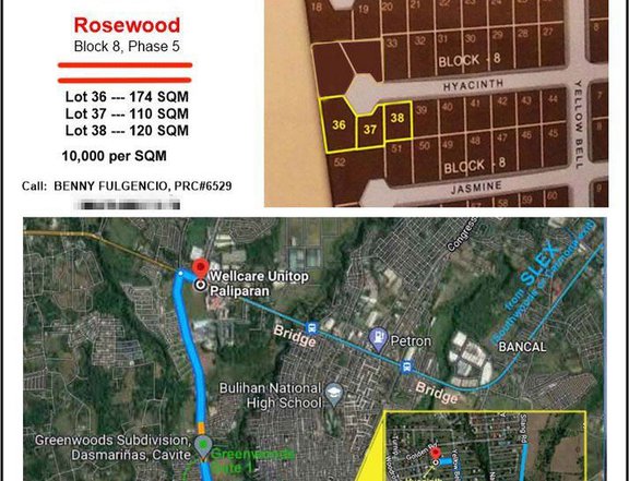 3 adjacent lots (174 sqm, 110 sqm, 120 sqm) in Greenwoods Village.10,000 per square meter.