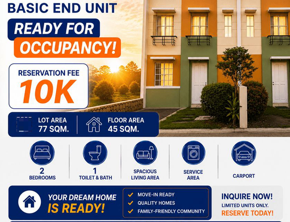 Masaito Homes Audrey Basic End Unit in Kawit, Cavite RFO House and Lot For Sale Bank Financing