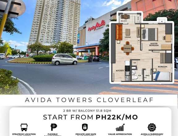 2 BR w/ Balcony Unit 51.8 SQM  For Sale in Avida Towers Clover Leaf