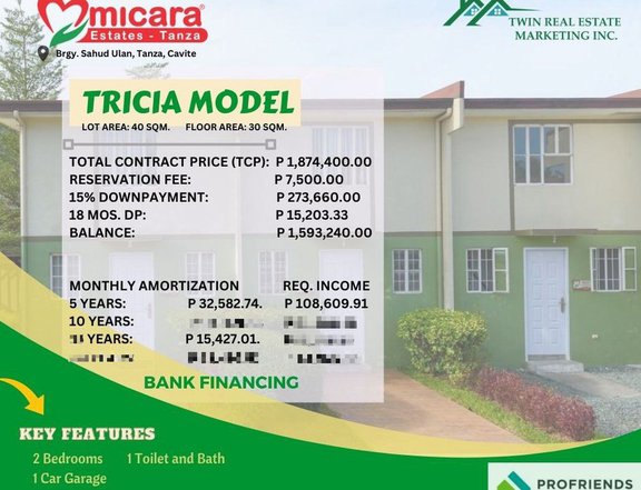 2-bedroom townhouse for sale in Tanza Cavite with 1-car garage (Pre-selling)