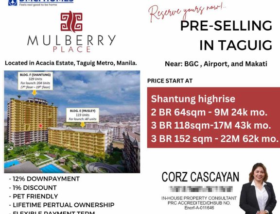 2BR Condo Mulberry 2 Acacia taguig Near BGC DMCIHOMES