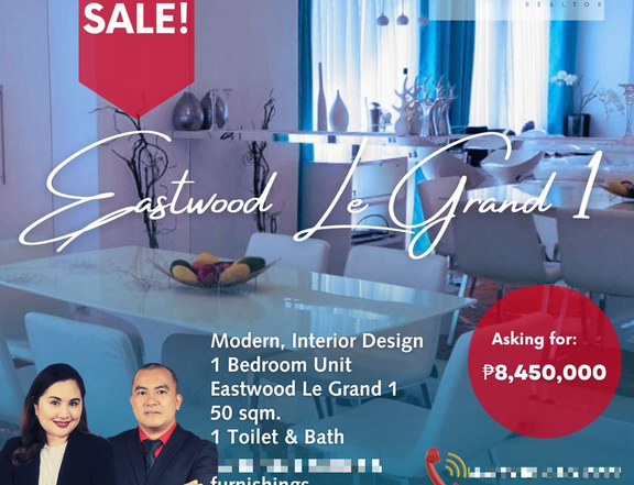 50.00 sqm 1-bedroom Condo For Sale in Eastwood Le Grand Eastwood City Quezon City / QC Metro Manila