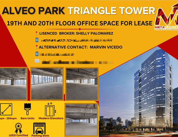 Office for Lease 19th and 20th Floor in Alveo Park Triangle Tower.
