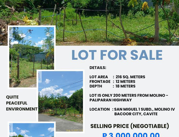 A vacant residential lot located inside San Miguel 1 Subdivision, Molino IV, Bacoor City, Cavite