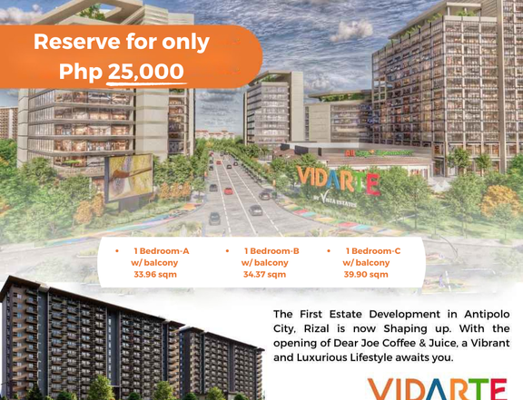 1 Bedroom with balcony condo unit for sale in Antipolo Rizal - Vidarte