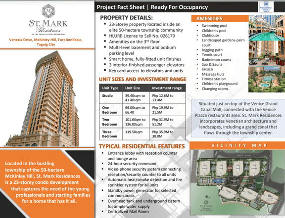 Megaworld St. Mark Residences 1BR Condominium For Sale Taguig City