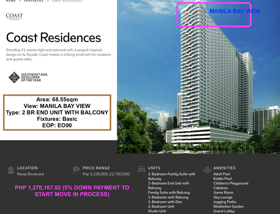 SMDC COAST RESIDENCES Ready For Occupancy 2-bedroom Condo  4Sale in Manila Bay ROXAS BLVD