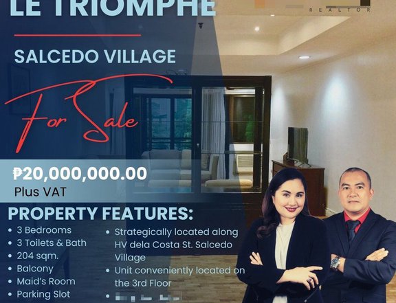 Furnished 204.00 sqm. 3-bedroom Residential Condo For Sale in Le Triomphe Salcedo Village Makati